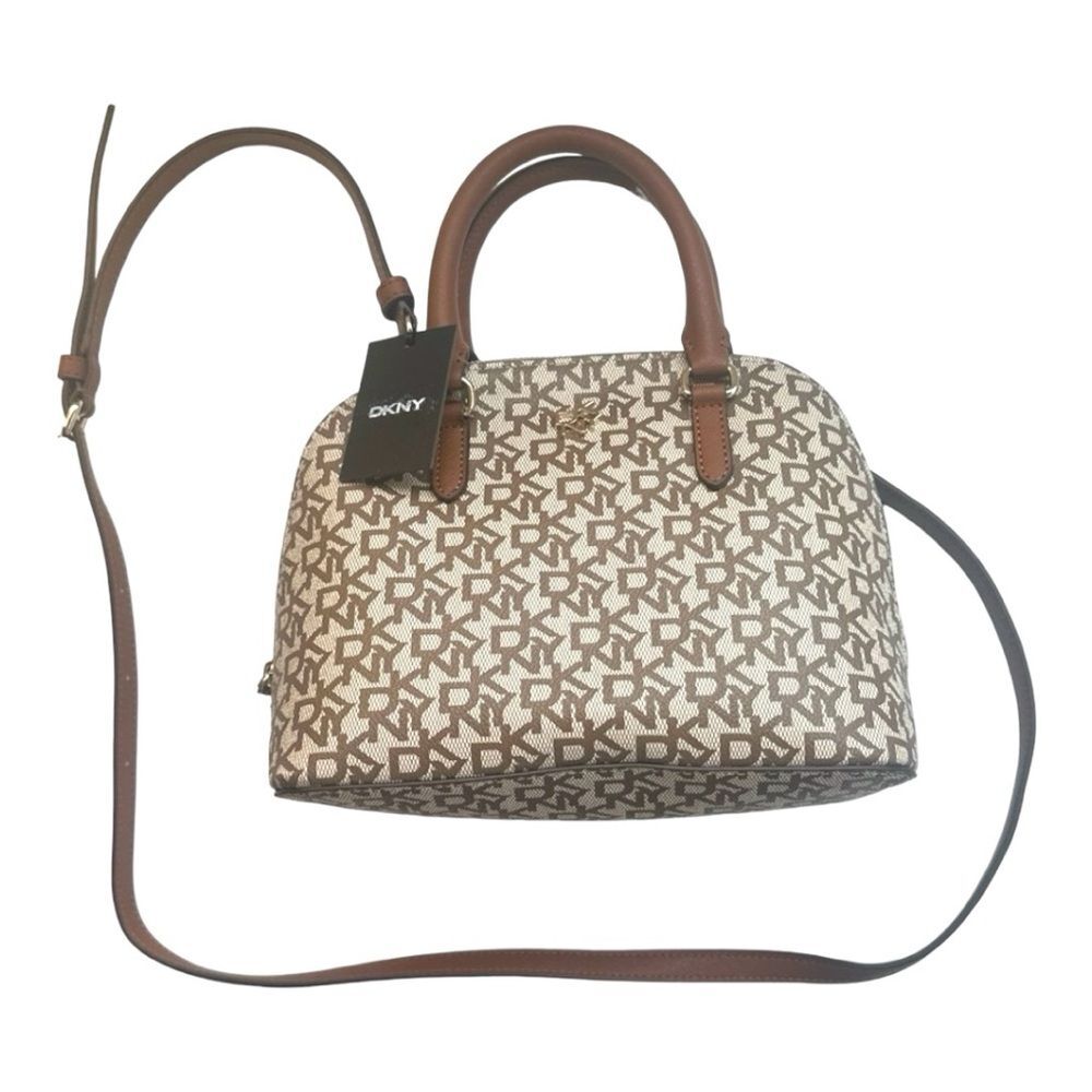DKNY Catherine Dome Satchel Brown Logo Print Crossbody‎ Bag NWT